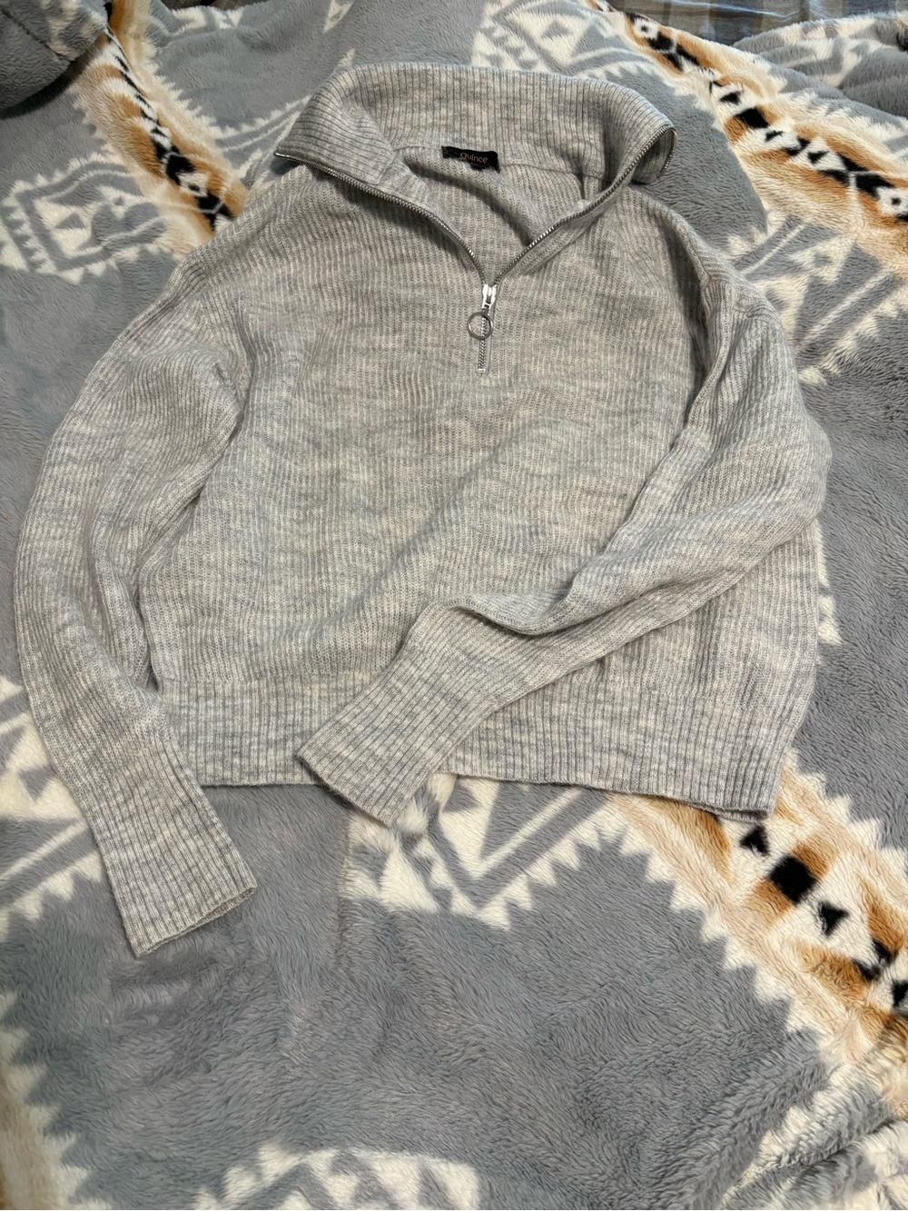 Quince Heather Gray Ribbed Half-Zip Turtleneck Sweater